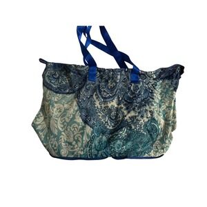 Chico's Tote Bag Packable Paisley Damask Blue Bohemian Travel Beach Bag